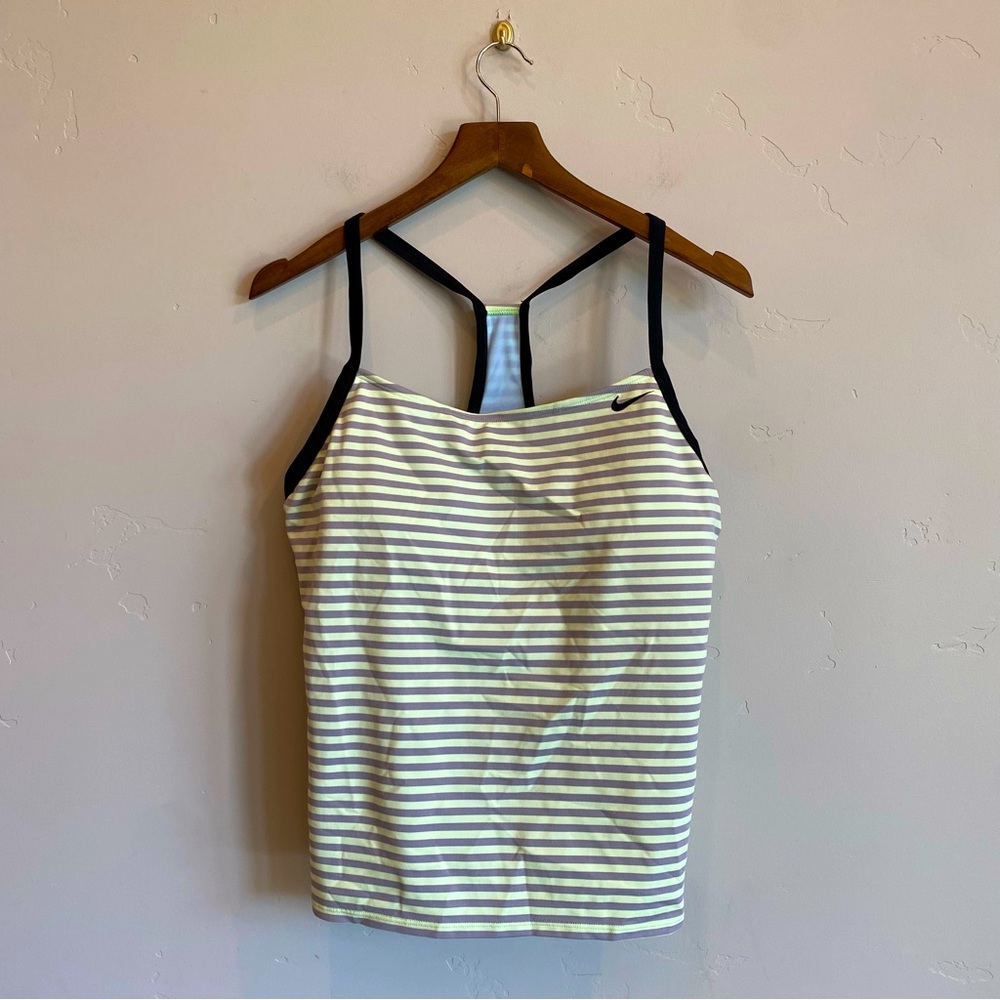 NIKE Swim 2 Piece Set Green Yellow Stripe Tankini & Black Bottoms